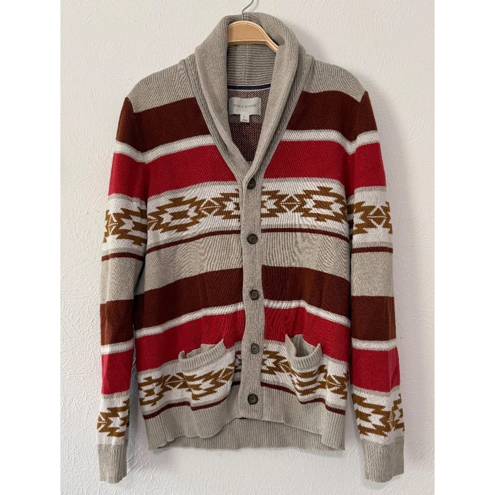 SUN + STONE Mens Multicolor Aztec Knit Cardigan Cotton Button Up, L